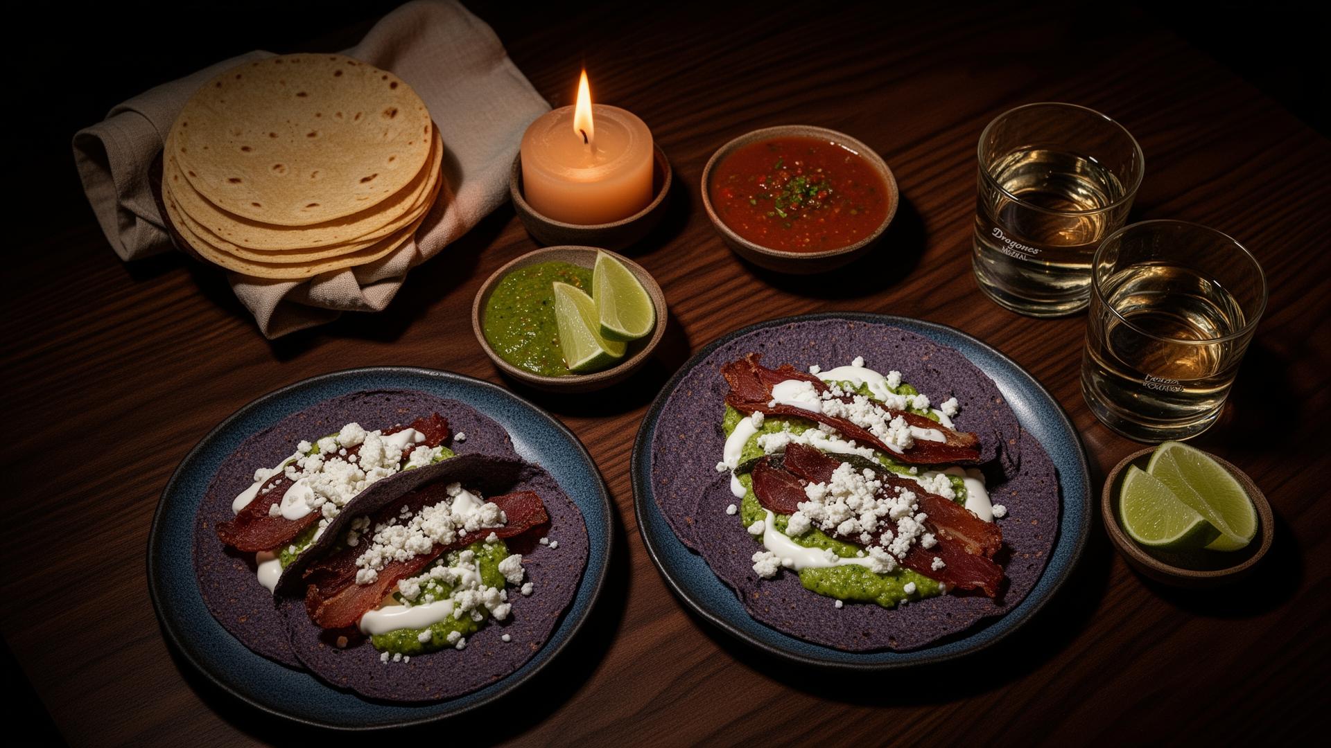 Mesa servida con tacos premium de cecina de Yeca